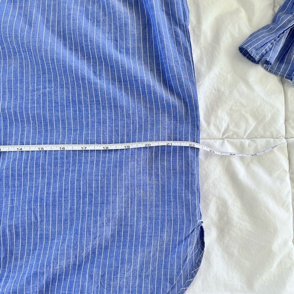 LOFT EMBROIDERED TAB COLLAR BUTTONDOWN TOP BLUE WHITE STRIPED BOHO RUFFLE SLEEVE - Picture 6 of 11